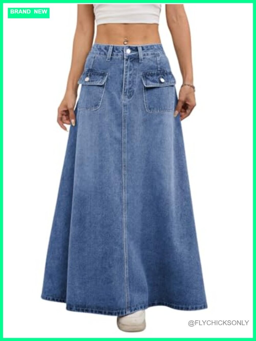 Women's Vintage Mid-Rise Pleated Flared A-Line Denim Maxi Jean Skirt